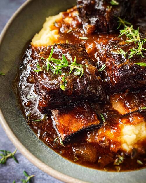 Plated pellet-grill red wine braised short ribs